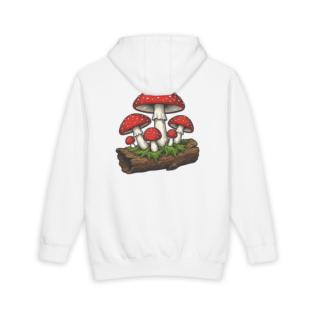 Mushroom Graphic Hoodie — Red Toadstool Log Illustration