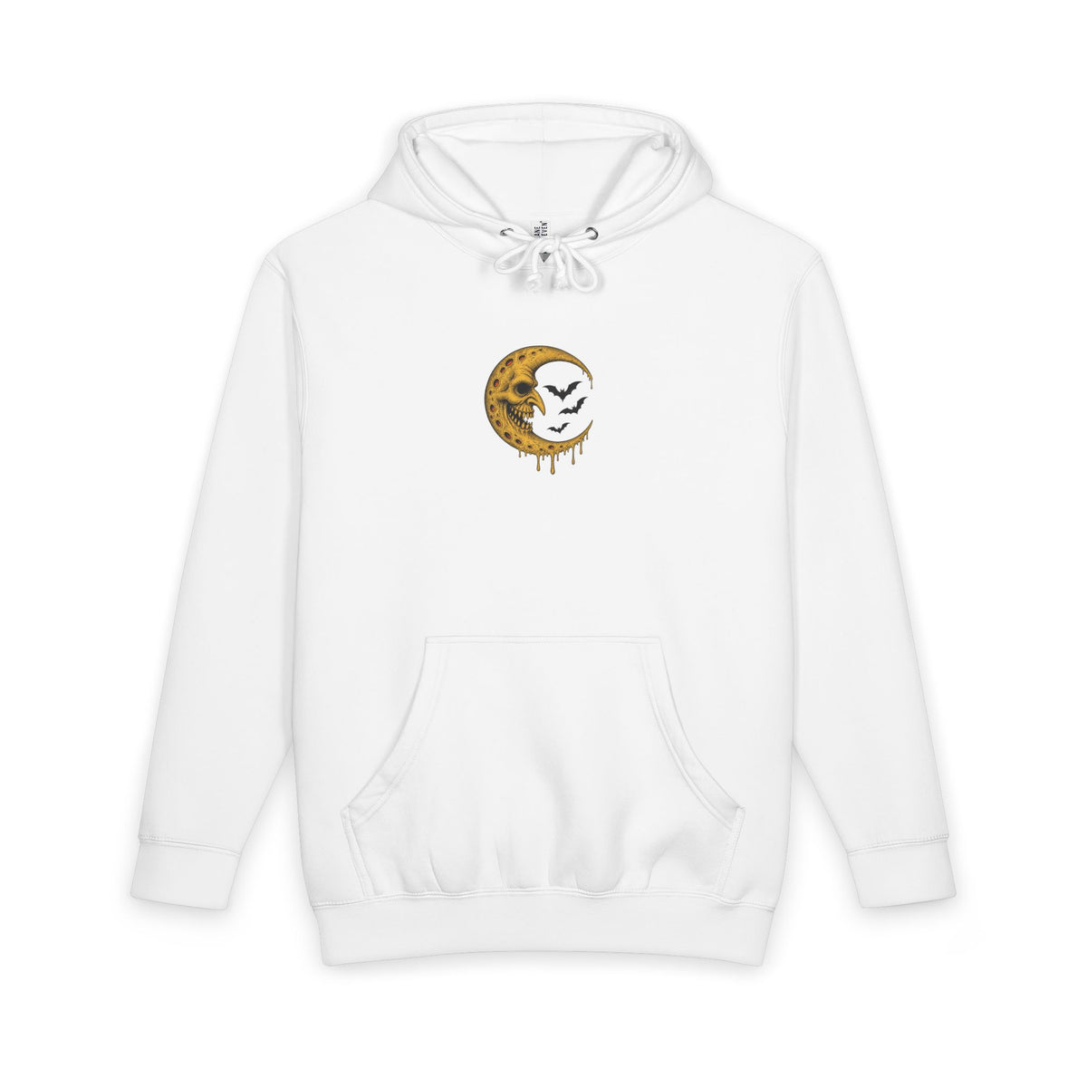Crescent Skull Moon Hoodie — Dripping Gold Moon with Bats