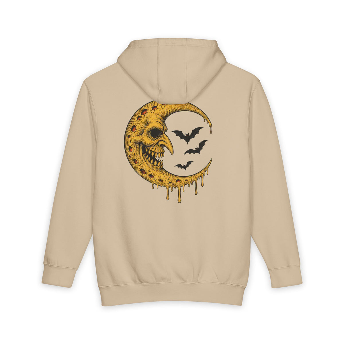 Crescent Skull Moon Hoodie — Dripping Gold Moon with Bats