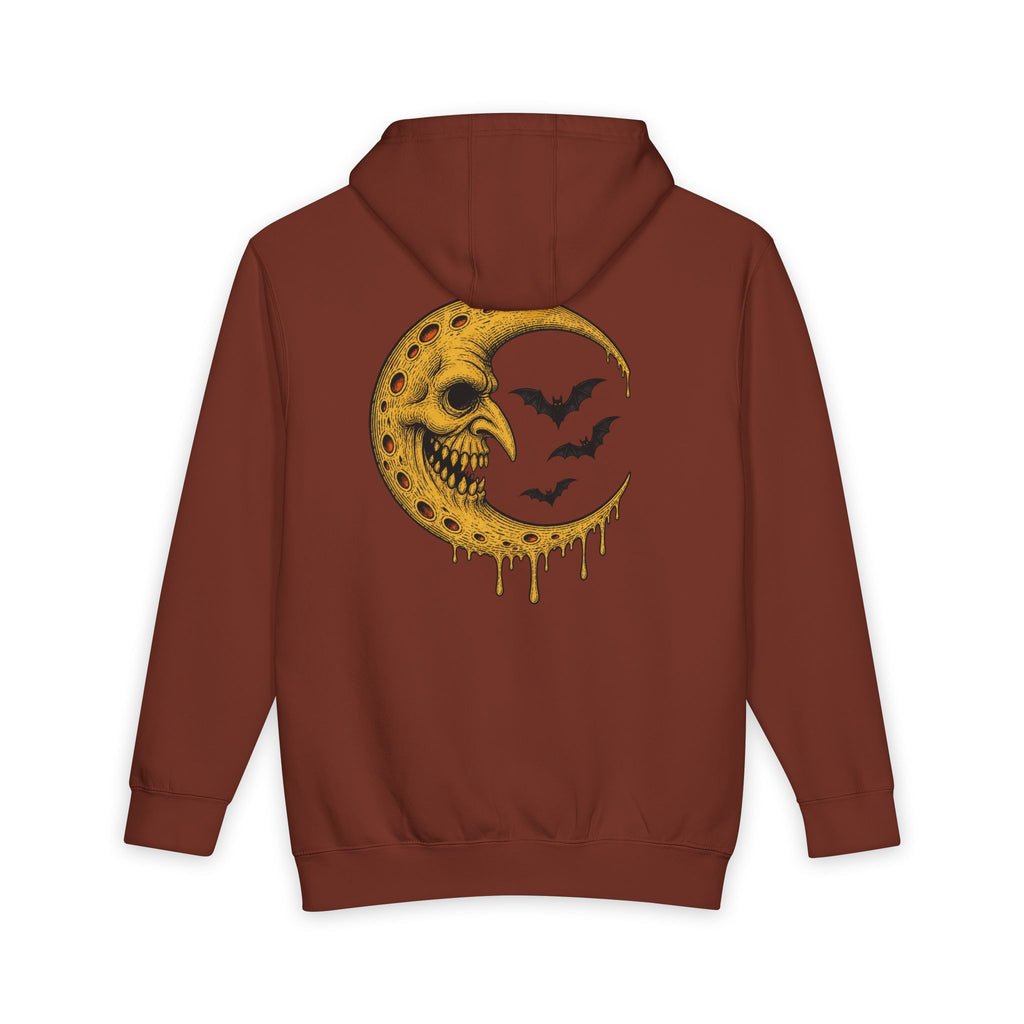 Crescent Skull Moon Hoodie — Dripping Gold Moon with Bats