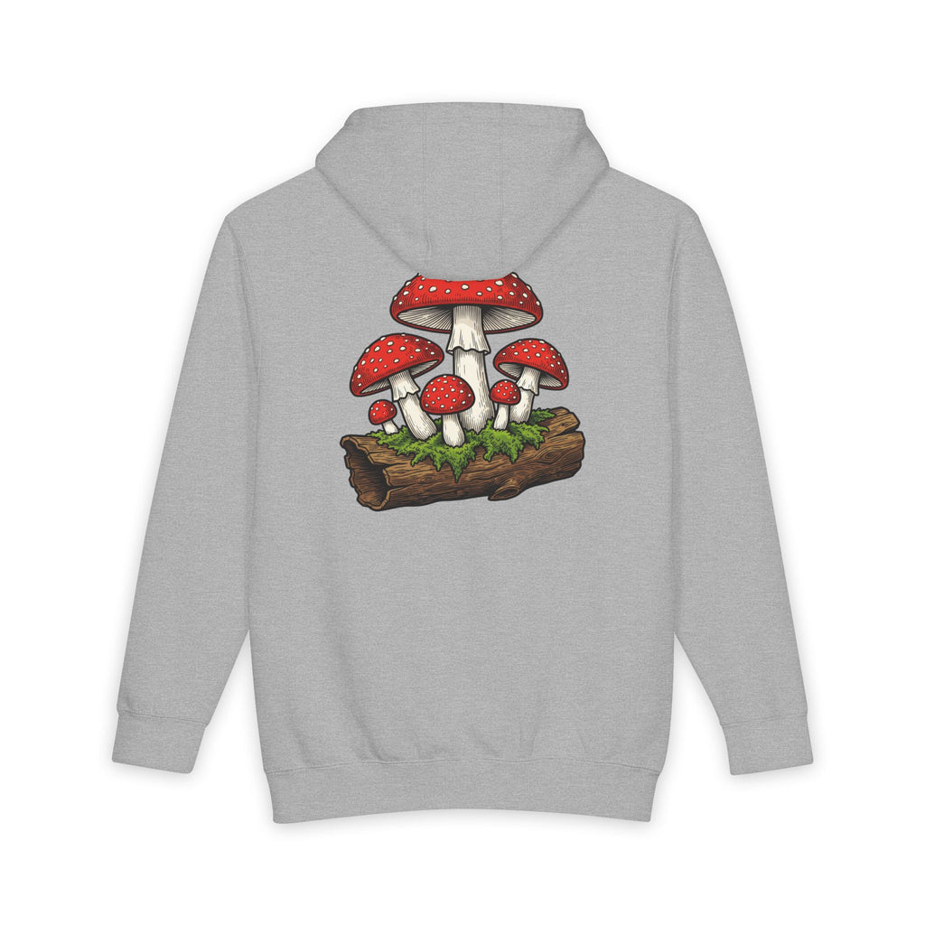 Mushroom Graphic Hoodie — Red Toadstool Log Illustration