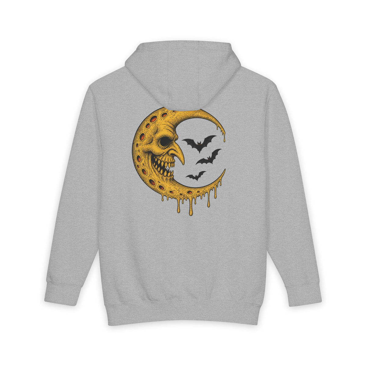 Crescent Skull Moon Hoodie — Dripping Gold Moon with Bats