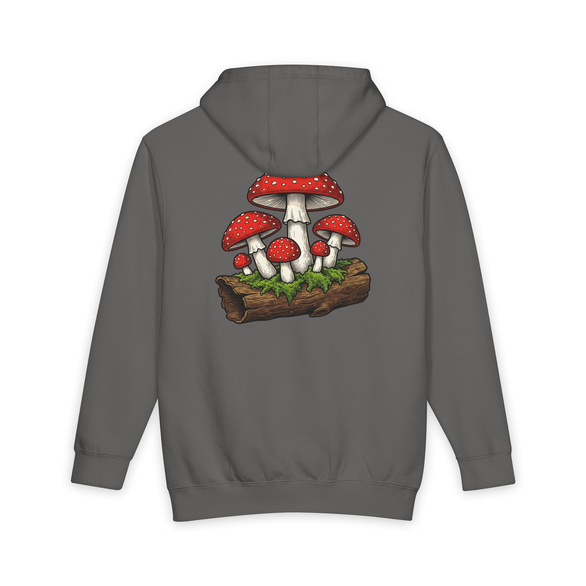 Mushroom Graphic Hoodie — Red Toadstool Log Illustration