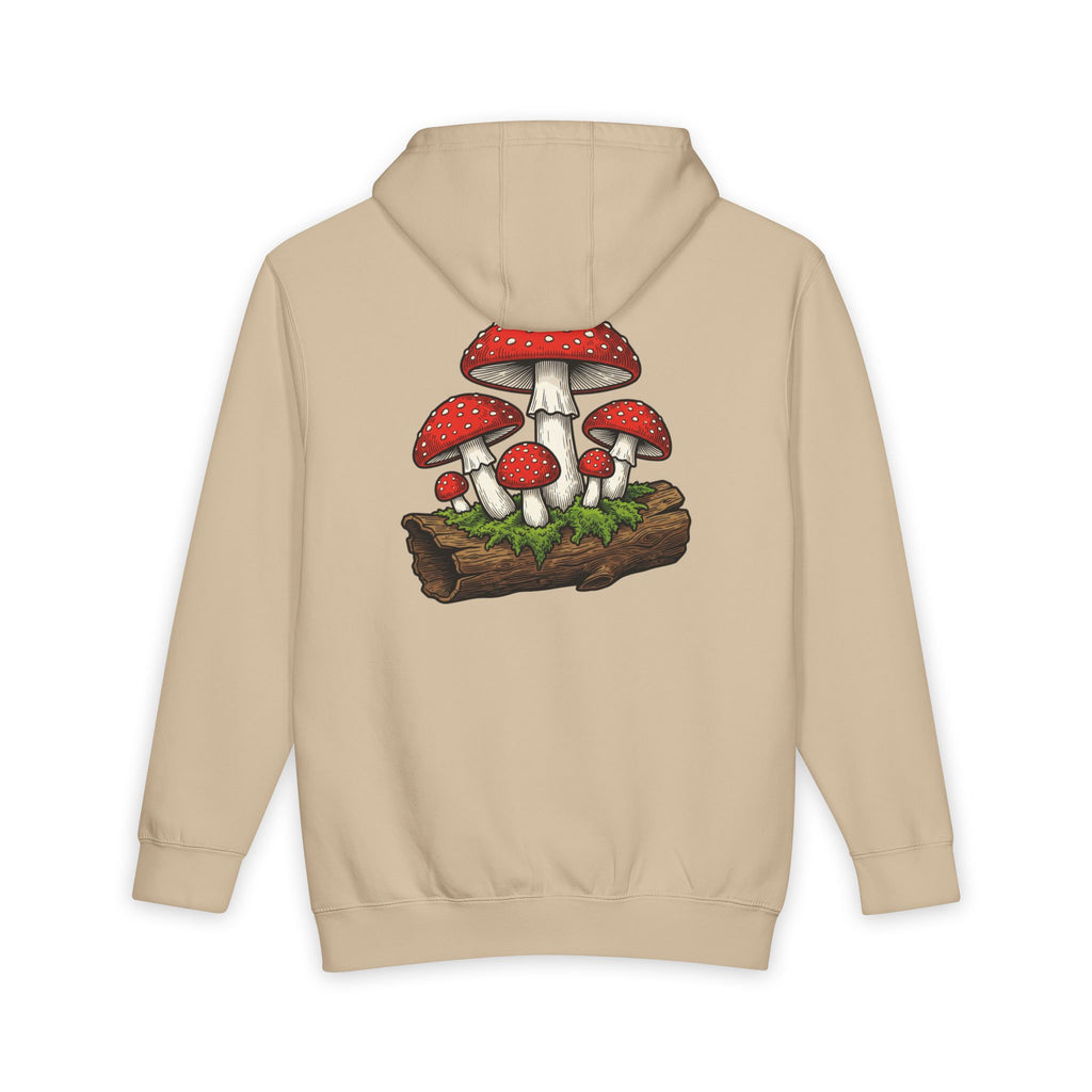 Mushroom Graphic Hoodie — Red Toadstool Log Illustration