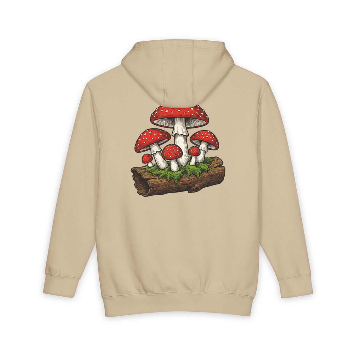 Mushroom Graphic Hoodie — Red Toadstool Log Illustration