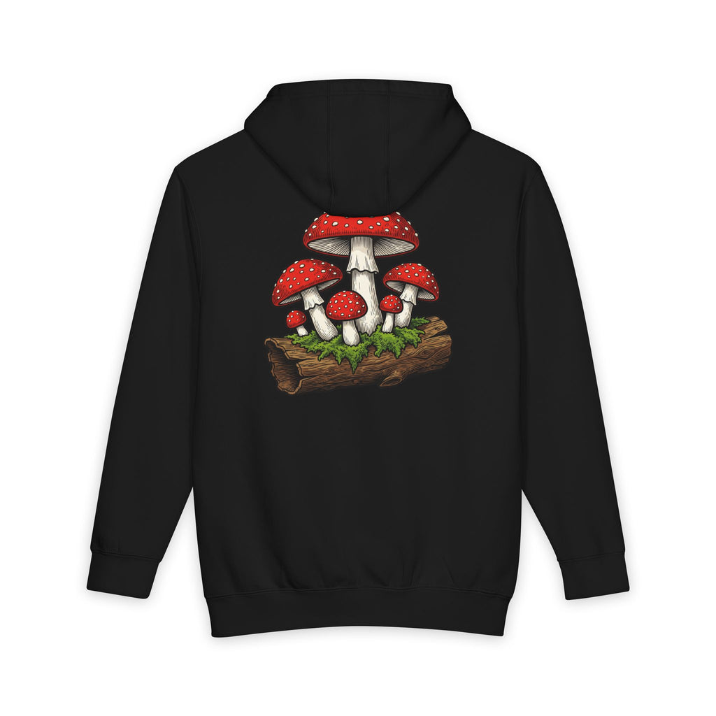 Mushroom Graphic Hoodie — Red Toadstool Log Illustration