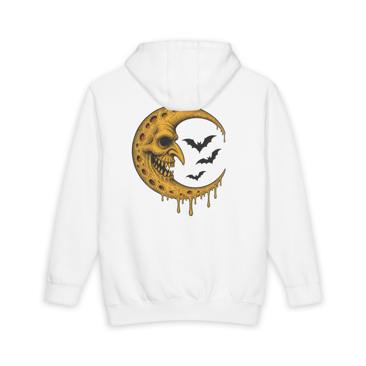 Crescent Skull Moon Hoodie — Dripping Gold Moon with Bats
