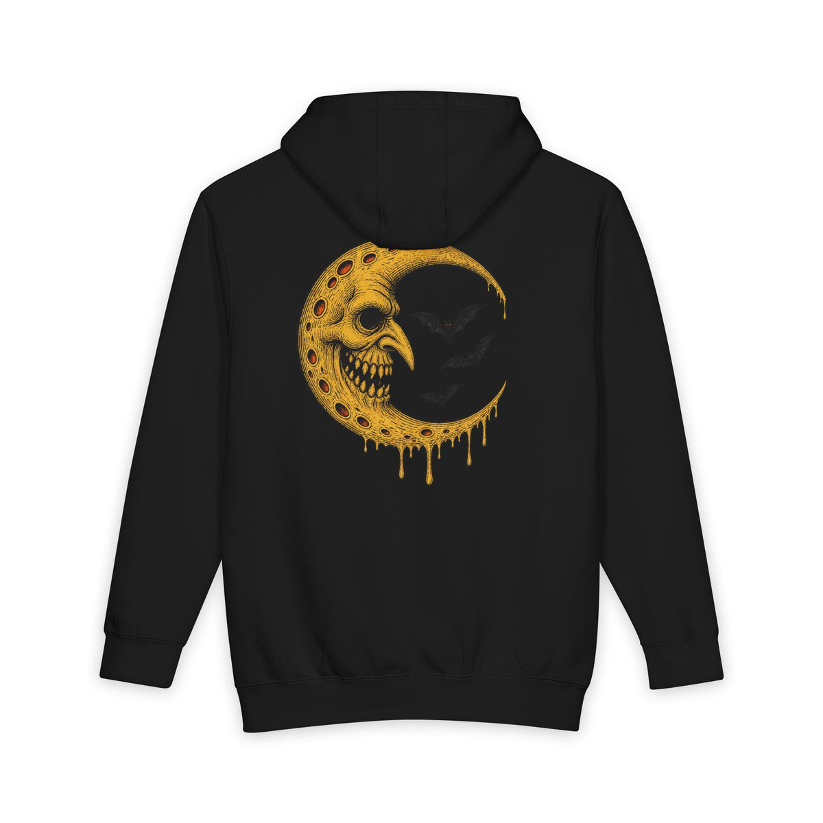 Crescent Skull Moon Hoodie — Dripping Gold Moon with Bats