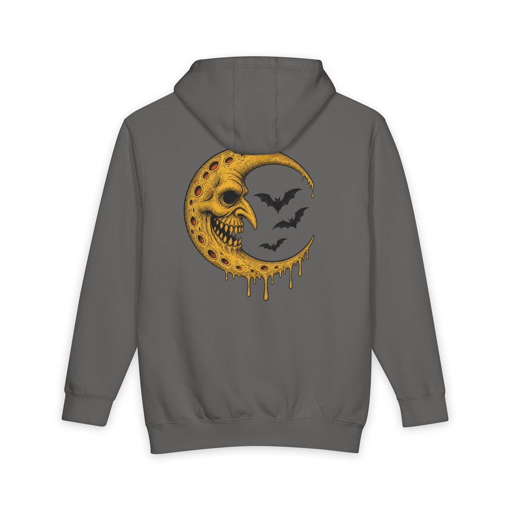 Crescent Skull Moon Hoodie — Dripping Gold Moon with Bats