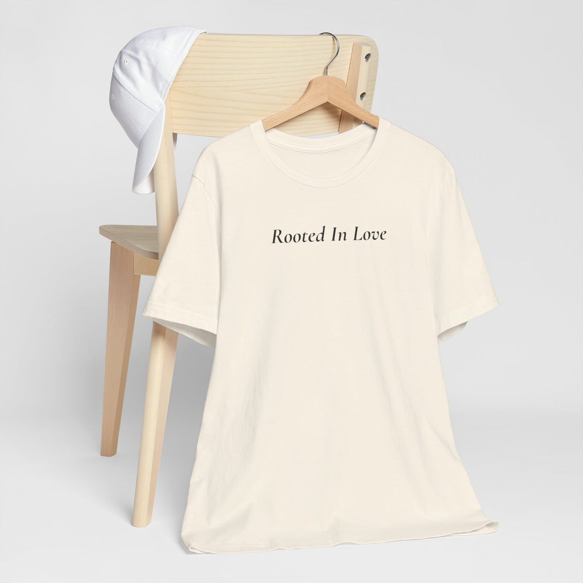 Rooted In Love Tee — Simple Script White T-Shirt