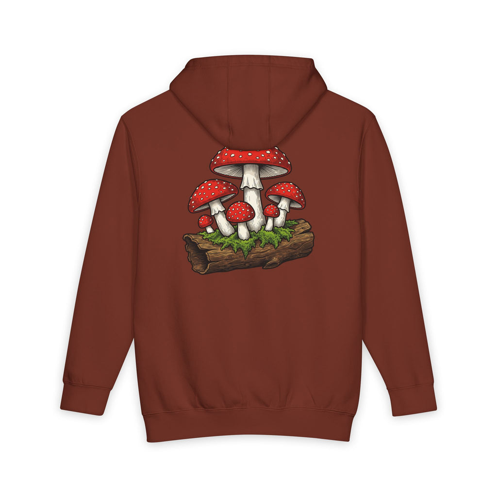 Mushroom Graphic Hoodie — Red Toadstool Log Illustration