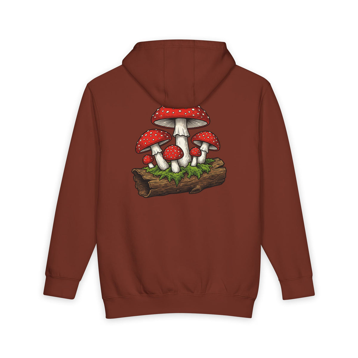 Mushroom Graphic Hoodie — Red Toadstool Log Illustration