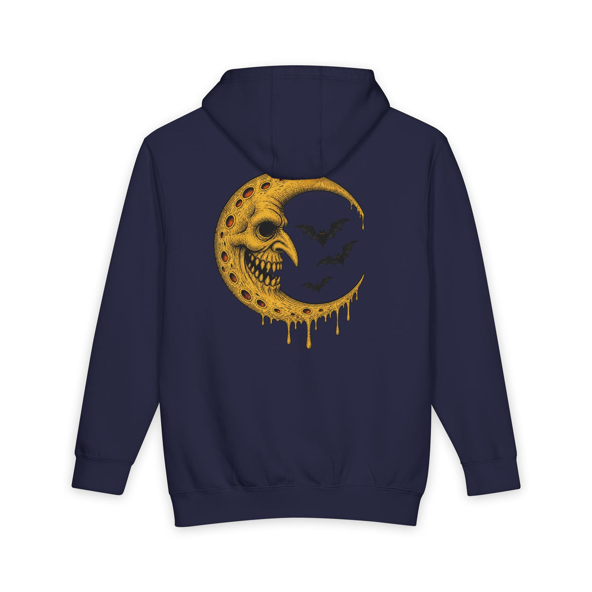 Crescent Skull Moon Hoodie — Dripping Gold Moon with Bats