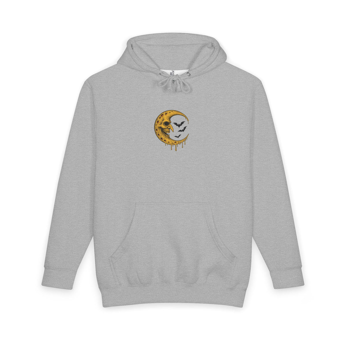 Crescent Skull Moon Hoodie — Dripping Gold Moon with Bats