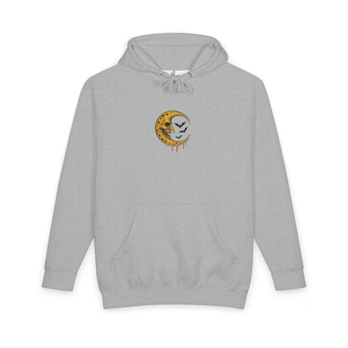 Crescent Skull Moon Hoodie — Dripping Gold Moon with Bats